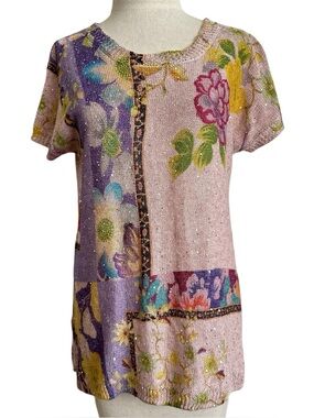 Etro Milano short Sleeve Pink Embellished Floral Sweater Top Tunic Size 44